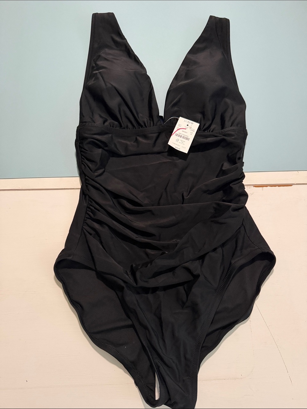 JCrew Black Ruched One Piece Swimsuit Medium NWT Adjustable Straps Tummy Control